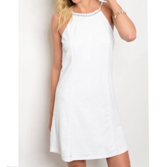 white sequin halter dress
